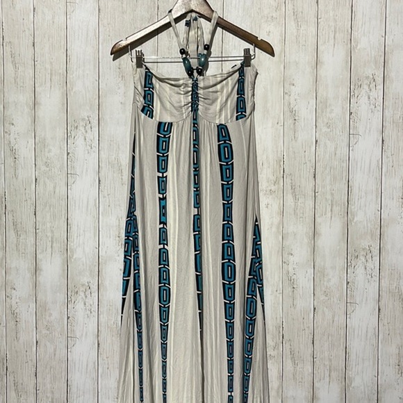 VENUS Dresses & Skirts - Venus Womens Beaded Halter Maxi Dress Turquoise White Floral Geometric Size M